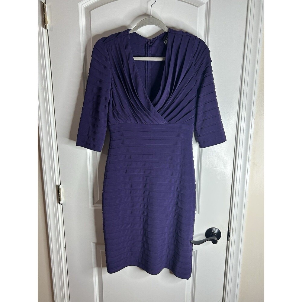 Adrianna Papell Size 10 Bandage Sheath Bodycon Dress Eggplant Purple 3/4 Sleeve